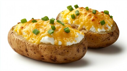 Fototapeta premium Perfectly baked potato halves loaded with sour cream, cheese, and green onions, vibrant on a white background with chive garnish