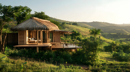 Eco-friendly resort set in a natural landscape, promoting sustainable tourism. illustrations