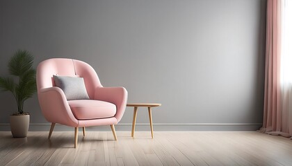  A soft pink chair sits against a light gray wall in a minimalist room with wooden floors an_1(691)