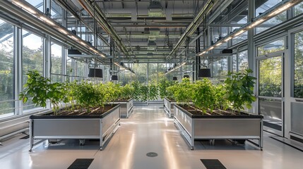 A sleek indoor greenhouse filled with thriving plants, showcasing modern agriculture and sustainable growing methods