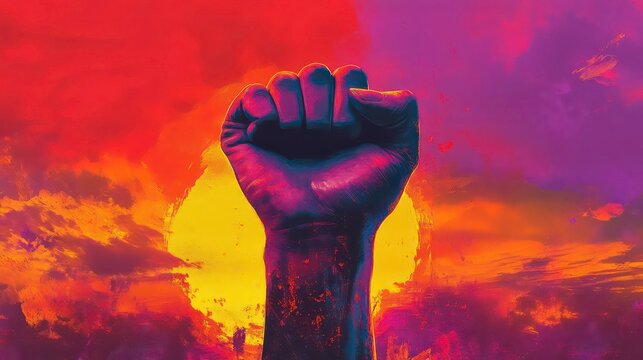 A powerful raised fist symbolizes strength and unity against a vibrant sunset, embodying resilience and hope in a striking visual.