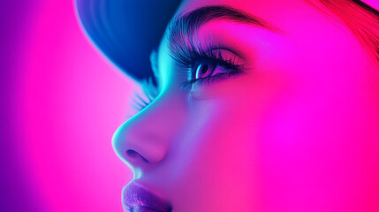 Close-up of a woman's eye in a neon blue and pink light.