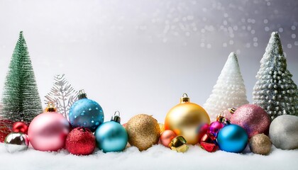  A snowy Christmas scene features a white background adorned with colorful ornaments and Chr_1(679)