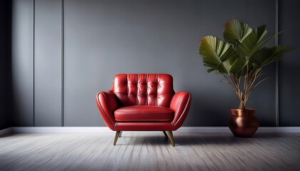  A sleek red leather armchair sits alone in a spacious studio with calm gray walls, show_1(673)