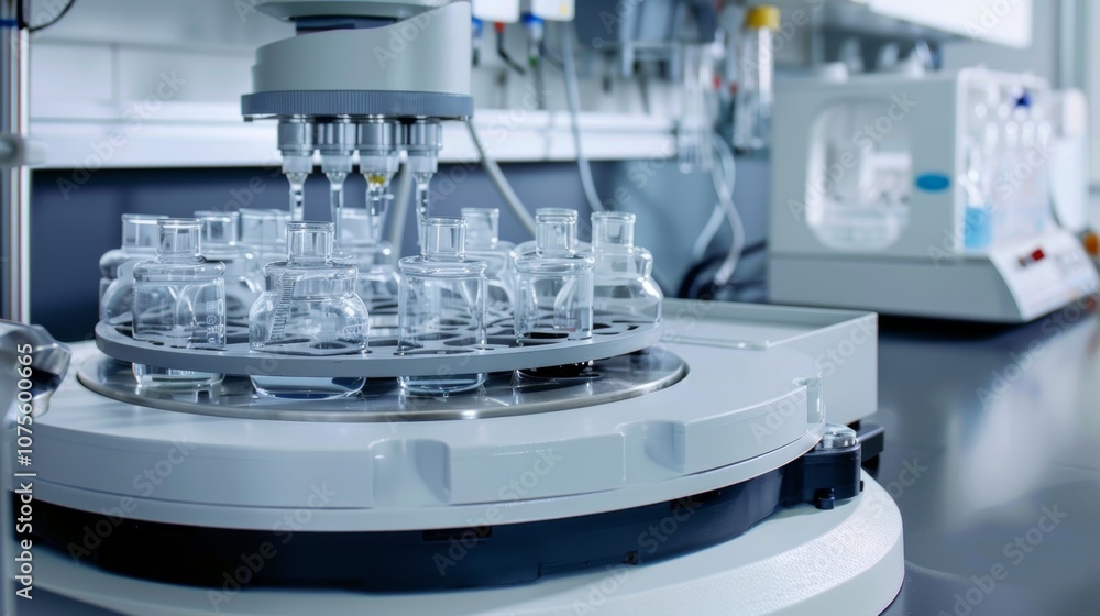 Aufkleber a large magnetic stirrer with multiple round flasks on top whirs steadily mixing solutions with ease