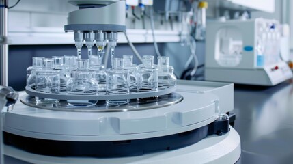 A large magnetic stirrer with multiple round flasks on top whirs steadily mixing solutions with ease.