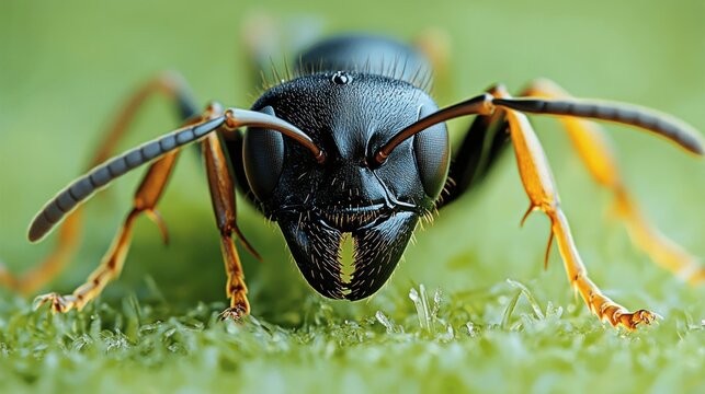 Close-up portrait of a black ant with orange legs, facing the camera, standing on green moss.