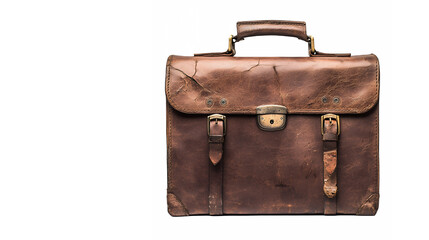 vintage leather briefcase, weathered brown, brass buckles, multiple compartments, distressed texture, professional accessory, classic design, high-resolution detail, studio lighting