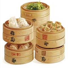 A Colorful Arrangement of Bamboo Steamer Baskets Filled with Various Types of Dumplings, Fresh Greens, and Spring Rolls, Highlighting Asian Culinary Traditions