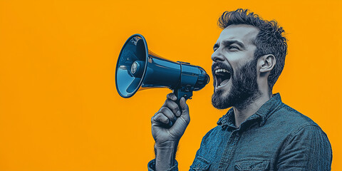 Bearded man shouting through a megaphone against vibrant yellow background. Bold and high-contrast expressive portrait.