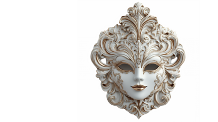 Venetian mask, ornate, baroque, white and gold, decorative, intricate details, porcelain texture, theatrical, mysterious, elegant, floating, isolated on white background, high contrast