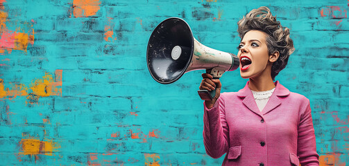 Energetic woman in pink blazer shouting through vintage megaphone against vibrant blue wall with colorful splashes. Bold and expressive portrait.