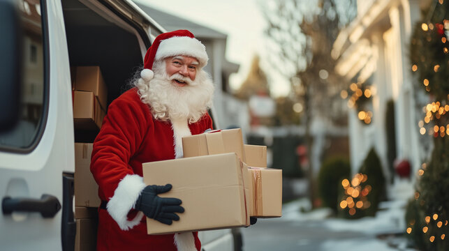 Santa Claus unloads packages from a delivery van, preparing for gift delivery in a decorated neighborhood. A modern twist on Santas Christmas duties. Image made using Generative AI.