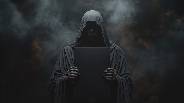 Hooded dark figure with skeletal hands holding a blank black poster against a smoky, ominous background. Haunting and mysterious presence.