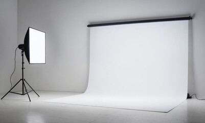 A white backdrop is set up in a studio with a single light source