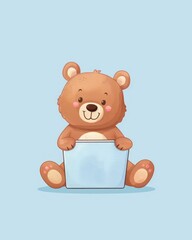 Adorable baby bear with a laptop in charming watercolor nursery art