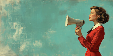 Retro-style woman with megaphone against vintage teal background, evoking empowerment and nostalgia. Classic portrait.