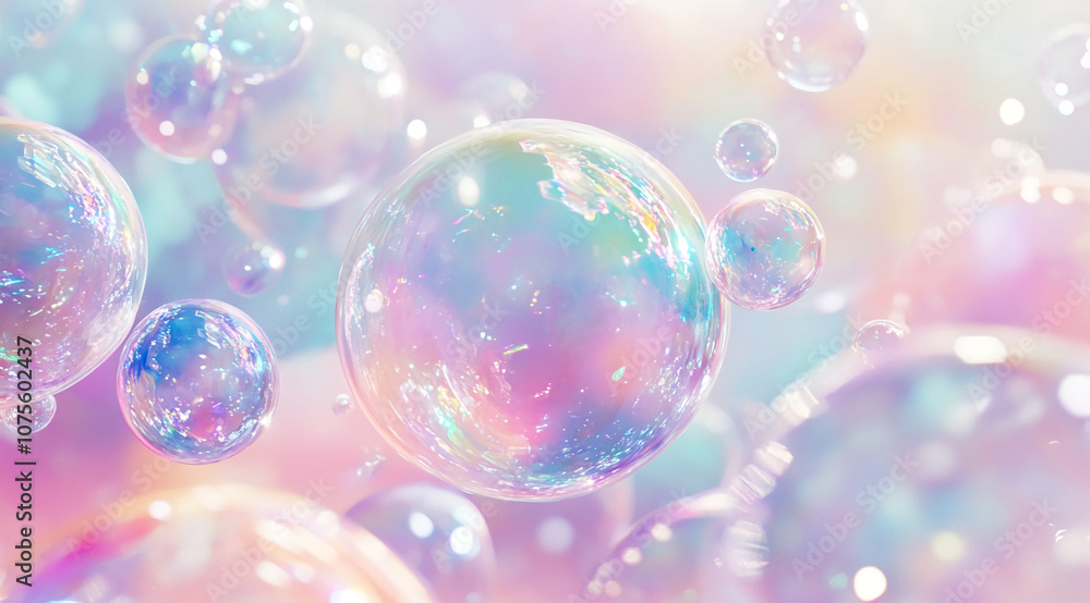 Poster A large, iridescent bubble floats in the center of the frame, surrounded by smaller bubbles and a soft, pastel background