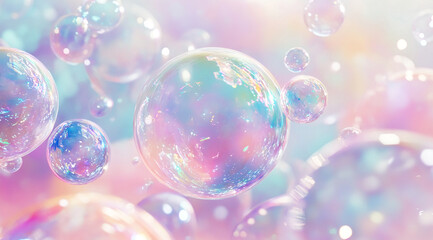 A large, iridescent bubble floats in the center of the frame, surrounded by smaller bubbles and a soft, pastel background