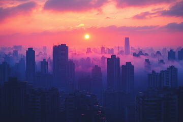 Stunning sunset over a city skyline with vibrant purple and pink hues