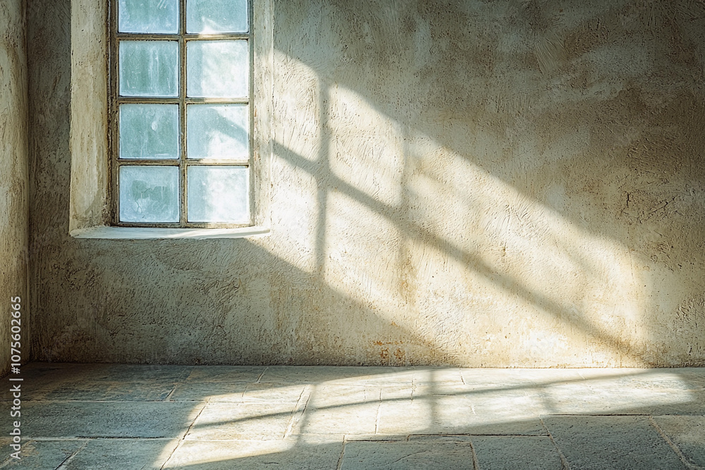 Poster soft sunlight casts shadows in a serene empty room with a window
