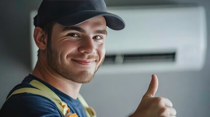 A Male electrician giving a thumbs up Air conditioner repairman working from home