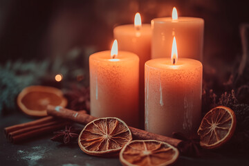 Thick candles, close-up, against a background of spruce branches. Dried oranges, cinnamon stick, star anise. Christmas, New Year.