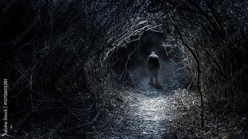 Poster a lone figure stands at the end of a dark and mysterious path through a dense forest.