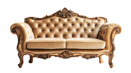 Ornate vintage sofa, gold velvet upholstery, tufted backrest, carved wooden frame, rococo style, luxurious, intricate details, curved armrests, antique furniture, beige and gold color scheme, elegant