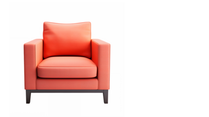 Modern armchair, coral color, single seater, minimalist design, clean lines, square shape, comfortable cushions, black wooden legs, isolated on white background, studio lighting, high contrast