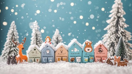 Fototapeta premium Cute woodland-themed advent calendar with small pockets shaped like animals, against a background with snowy trees and holiday decorations