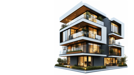 modern luxury house, multi-story building, geometric architecture, large windows, balconies, flat roof, contemporary design, nighttime lighting, minimalist exterior, urban residential, sleek facade