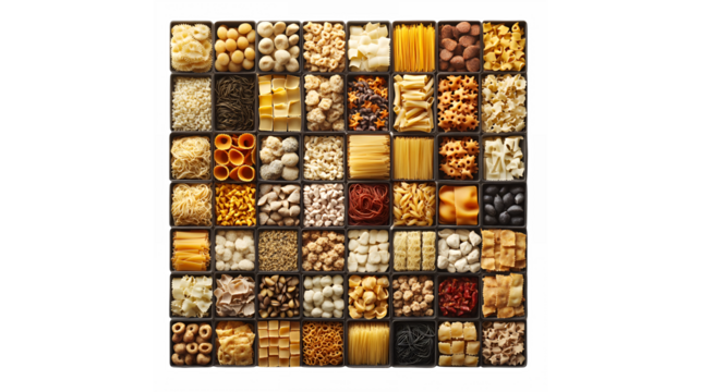 colorful array of grains and legumes, organized grid, diverse textures, food photography, wooden compartments, natural ingredients, culinary variety, seeds and nuts, earthy tones, geometric pattern