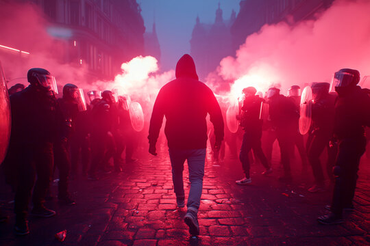 Silhouette of hooded hooligan advancing backwards, with a large group of police around him, in a street full of smoke and flares