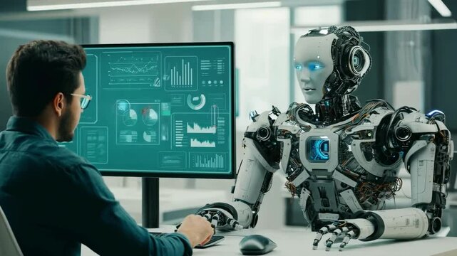 Engineer working with a humanoid robot in a modern lab, analyzing futuristic data on a digital screen with high-tech equipment in the background