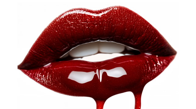 Glossy red lips, dripping blood, vampire aesthetic, close-up, high contrast, white background, sensual, dangerous, gothic beauty, fashion photography, ultra-detailed, sharp focus, dramatic lighting