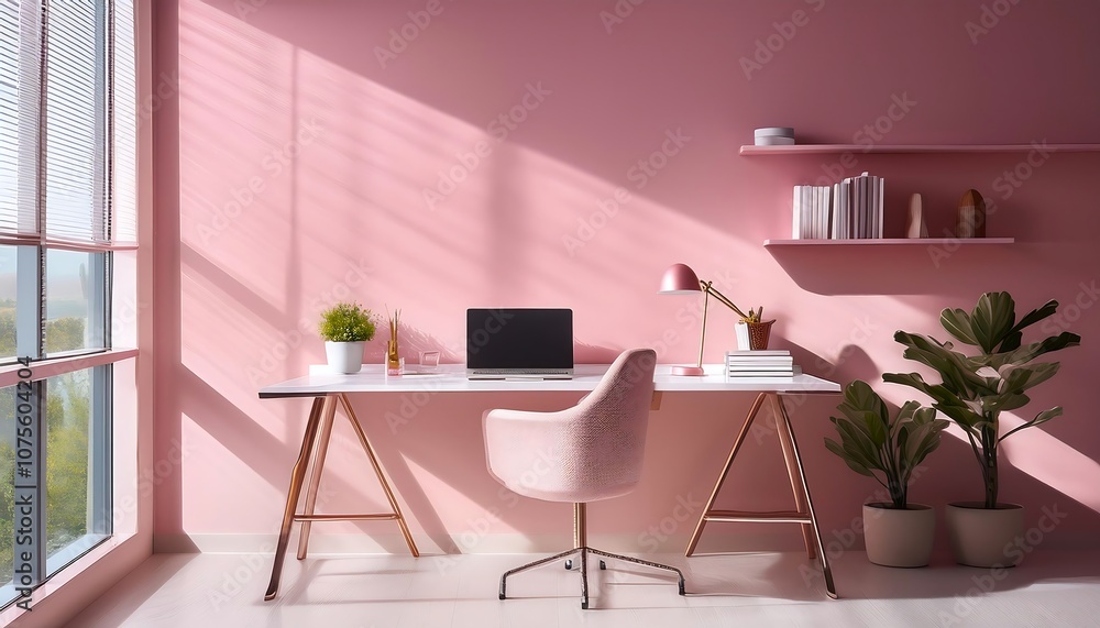 Aufkleber  A minimalist workspace features a calm open space with a smooth surface, a muted pink wall,_1(431)
