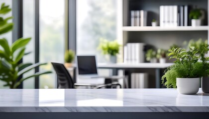 Fototapeta premium A minimalist white stone surface dominates a blurred office scene featuring lush greene_1(428)