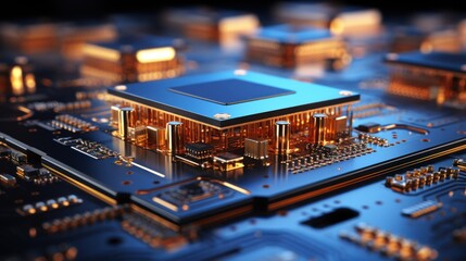 High-Tech Circuit Board with Advanced Microprocessors and Electronic Components. Futuristic Technology Background
