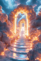 Heavenly Pathway with Golden Archways and Glowing Clouds, a Mystical Stairway to the Sky with a Radiant Marble Path Surrounded by Ethereal Light