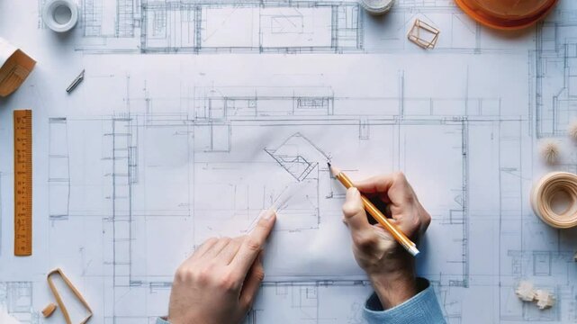 Hands using pencils over architectural blueprints. Creative design and architecture process.