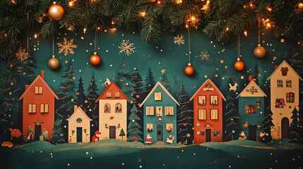 Obraz premium Vintage advent calendar with classic holiday motifs and small numbered doors, against a holiday-themed background with garlands and lights