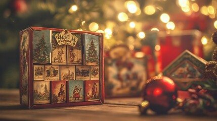Vintage advent calendar with small paper doors and Victorian illustrations, set against a warm holiday-lit background