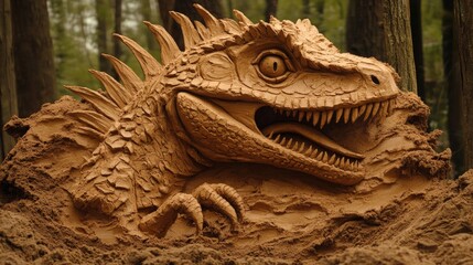 A detailed sand sculpture of a dinosaur with sharp teeth and a spiky back, peering out from the sand.