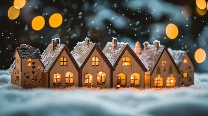 Fototapeta premium Wooden advent calendar shaped like a Christmas village, with holiday lights glowing in windows, placed on a background of soft snowfall
