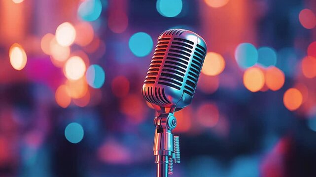 Vintage microphone with colorful bokeh lights background, music and podcast concept.