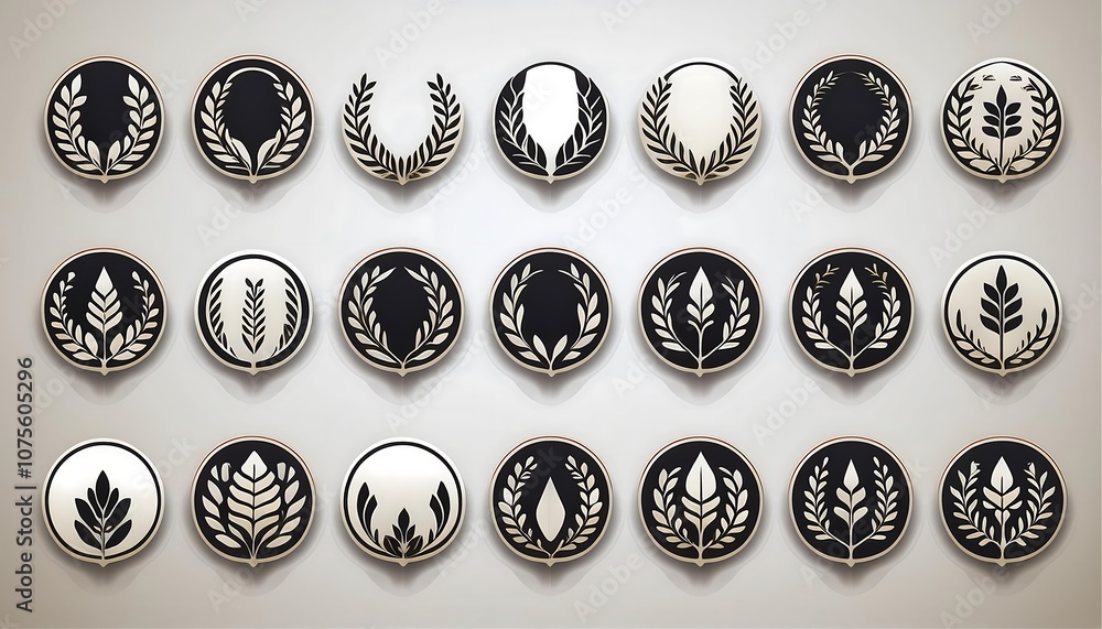 Poster a laurel foliate vector icon set features a circular design on a white background, along wi_1(366)
