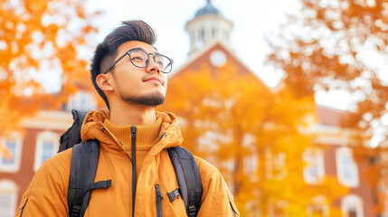 Fototapeta premium Young Asian man in glasses gazes up at the golden fall leaves.