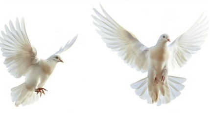 Fototapeta premium Dove White Background. Collage of Two Free Flying White Birds with Beautiful Wings