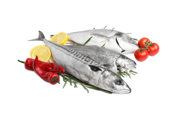 Sea food. Different types of fresh fish with spices and tomatoes isolated on white